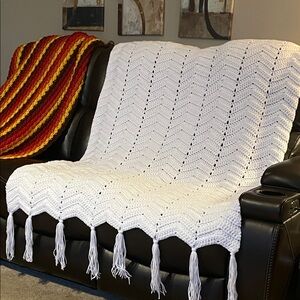 Elegant White Chevron Crocheted Afghan - handmade